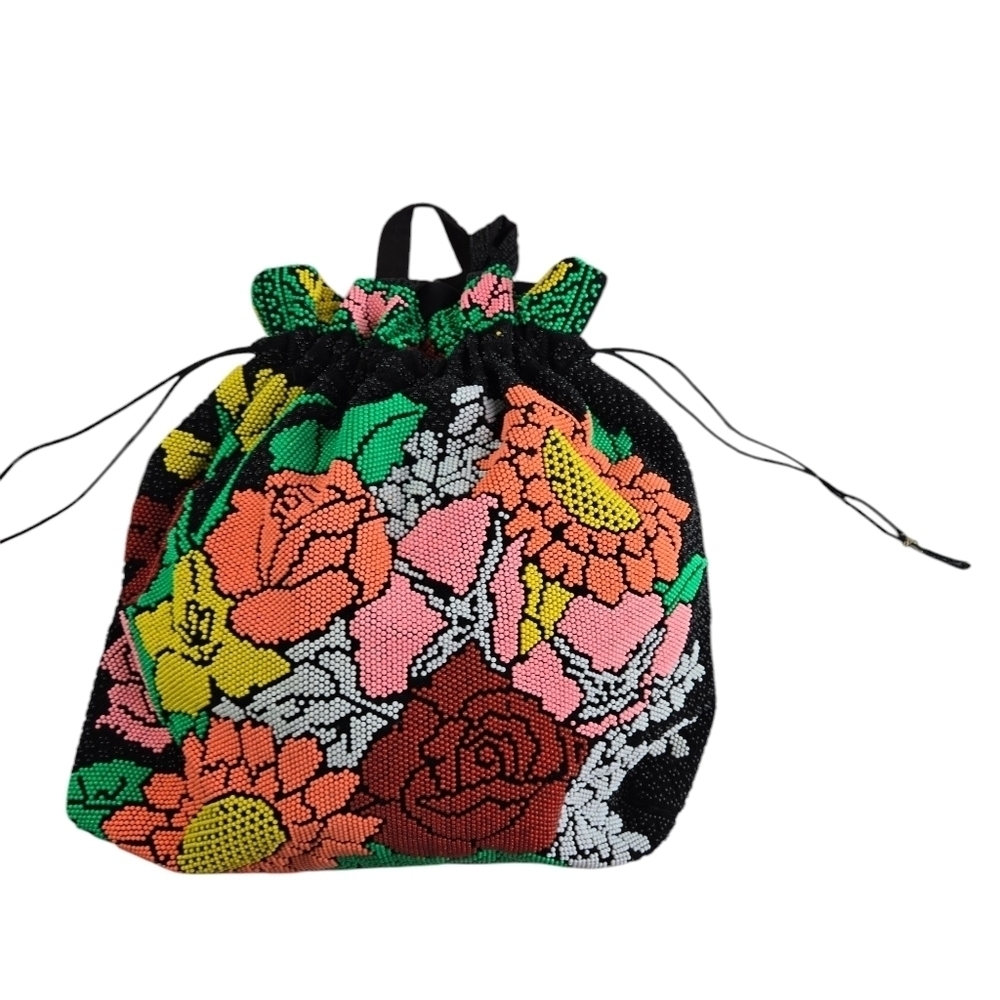 Vtg  60s neon plastic beaded floral drawstring hippie ethnic boho festival purse